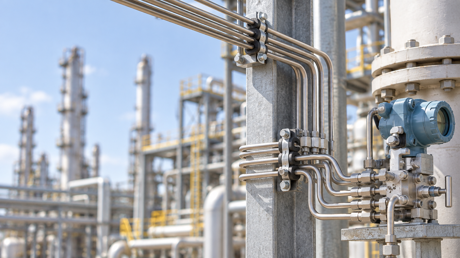 Stainless steel instrumentation tubing bundle routed to a pressure transmitter manifold on a process unit