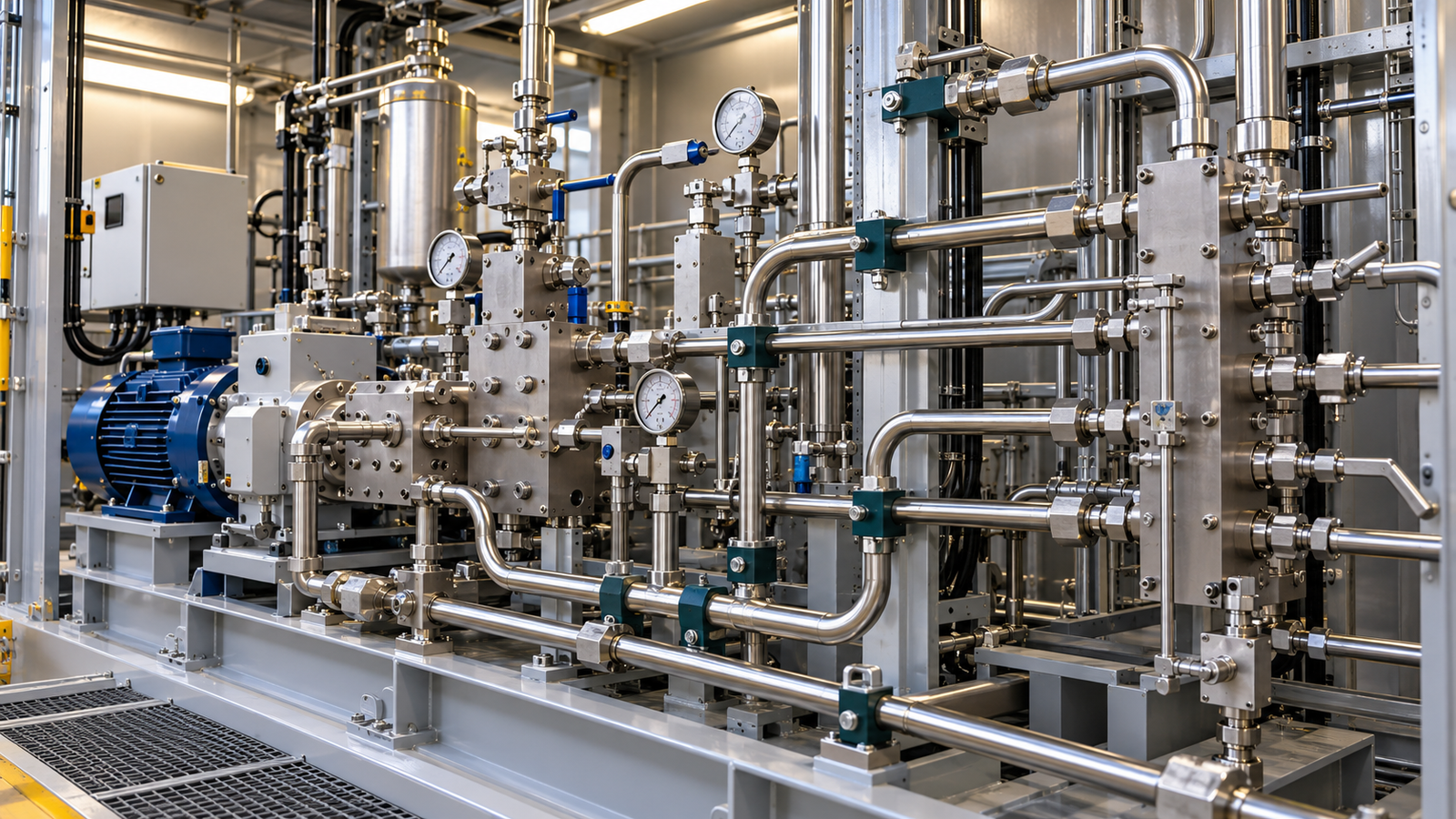 Stainless steel high-pressure hydraulic tubing manifold with pressure gauges and instrumentation on an indoor process skid