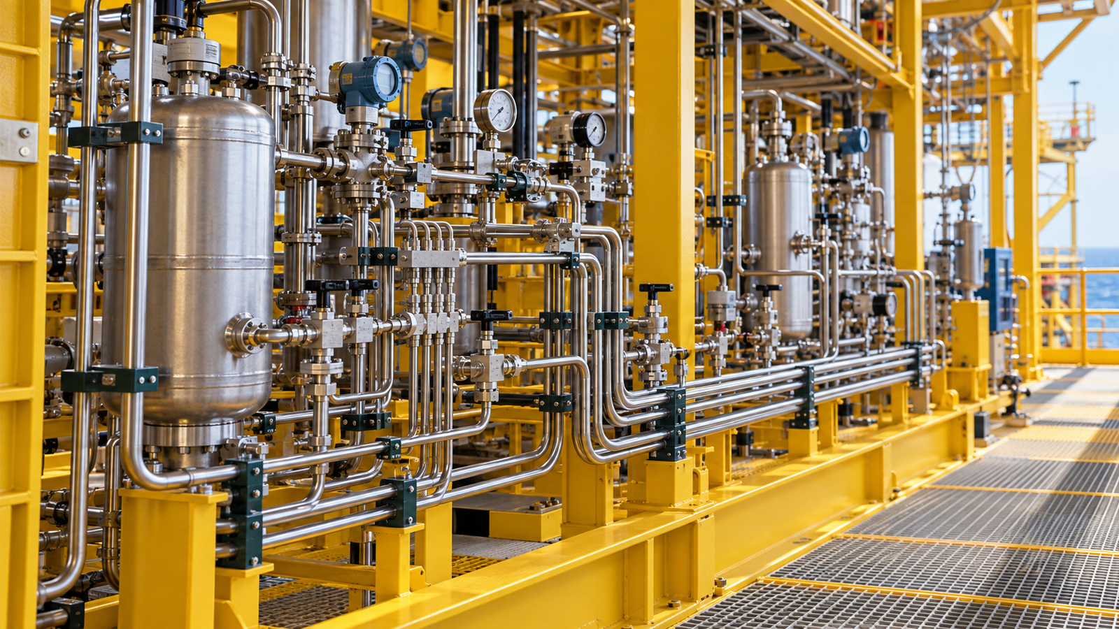 Corrosion-resistant alloy (CRA) tubing manifold with pressure gauges and instrumentation on a yellow-framed offshore process skid