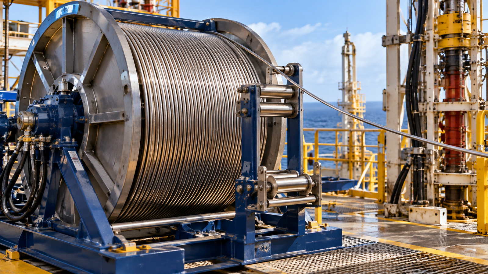 Large reel of coiled stainless steel control line tubing mounted on an offshore platform with the sea in the background