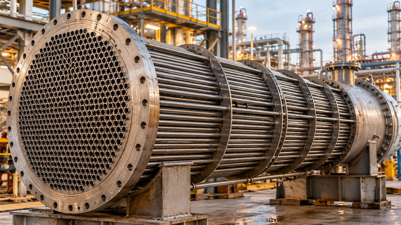 Shell-and-tube heat exchanger bundle with tube sheet on a refinery site, connected to the process unit piping
